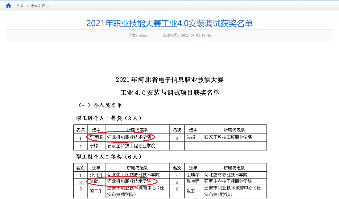 欧宝官方体育app下载ios
教师在2021年河北省电子信息职业技能大赛“工业4.0智能硬件装调与应用项目”比赛荣获职工组个人一等奖和个人二等奖